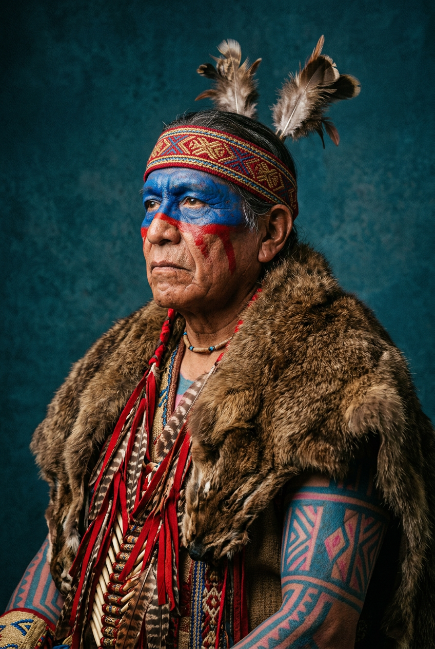 Old warrior chief, tribal panther make up, blue on red