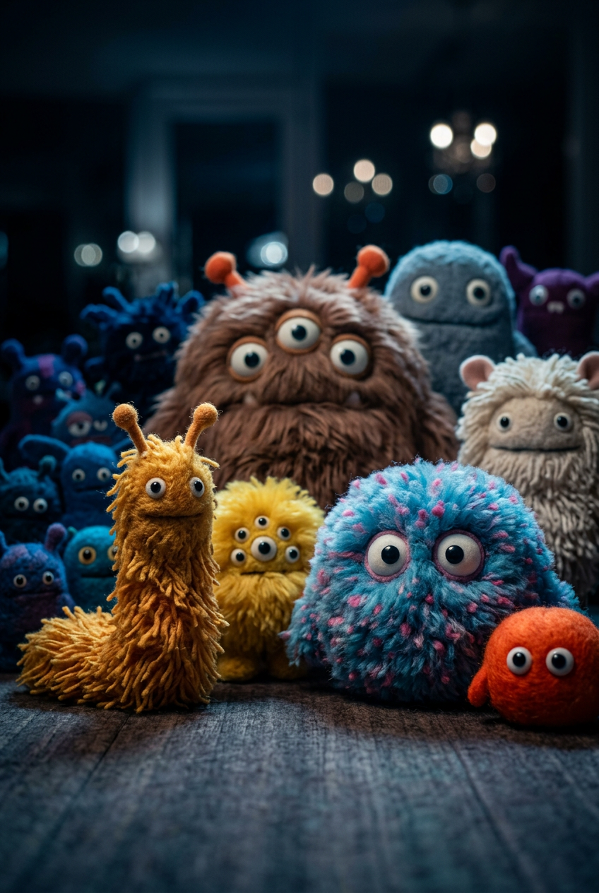 Felt monsters in a movie scene and dramatic lighting
